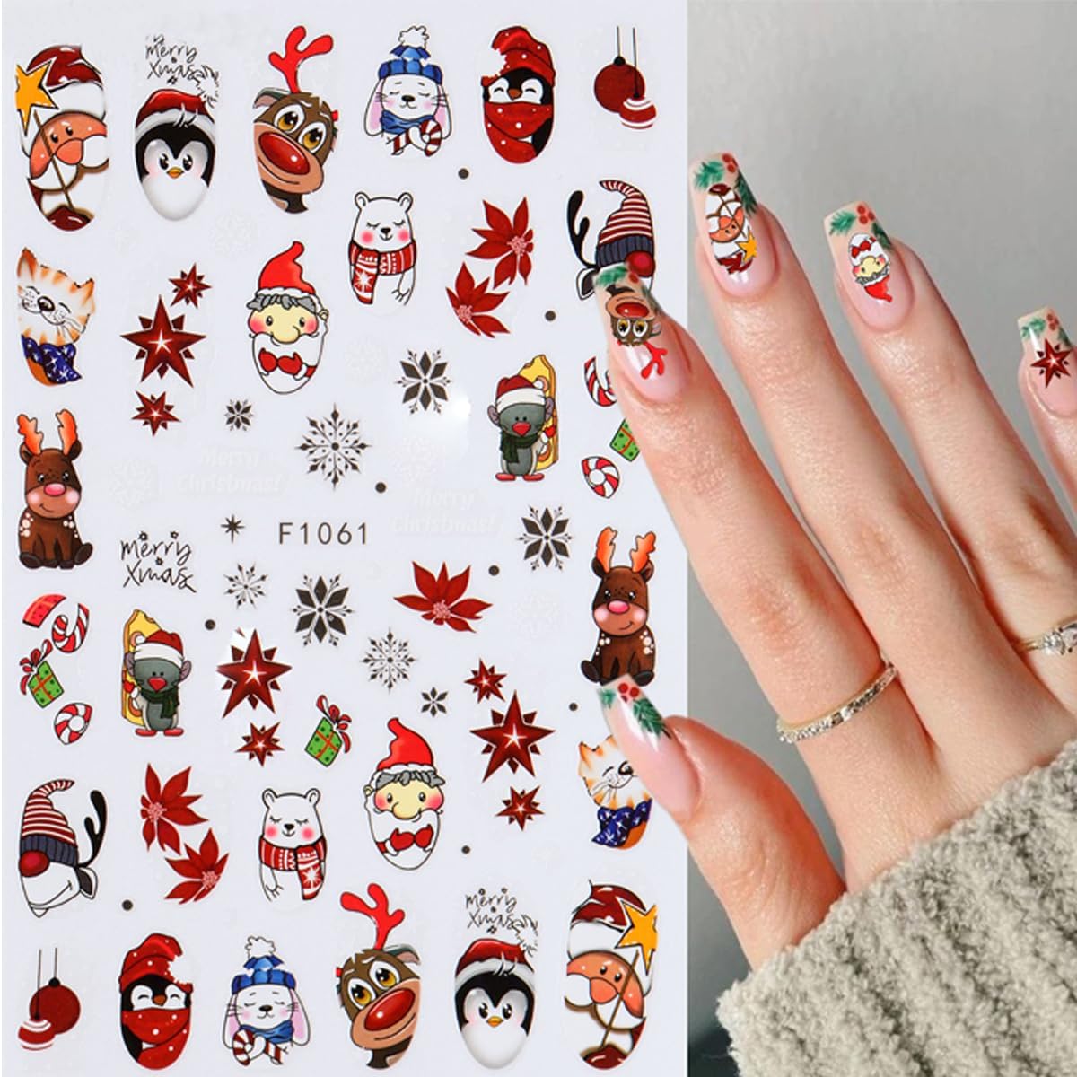 10PCS Christmas Nail Stickers for Kit- 3D Xmas Winter Nail Decals with Cartoon Elk Snowflake Santa Claus Snowman Bell Reindeer Bell Tree Design Holiday DIY Manicure New Year Christmas Nail Decoration