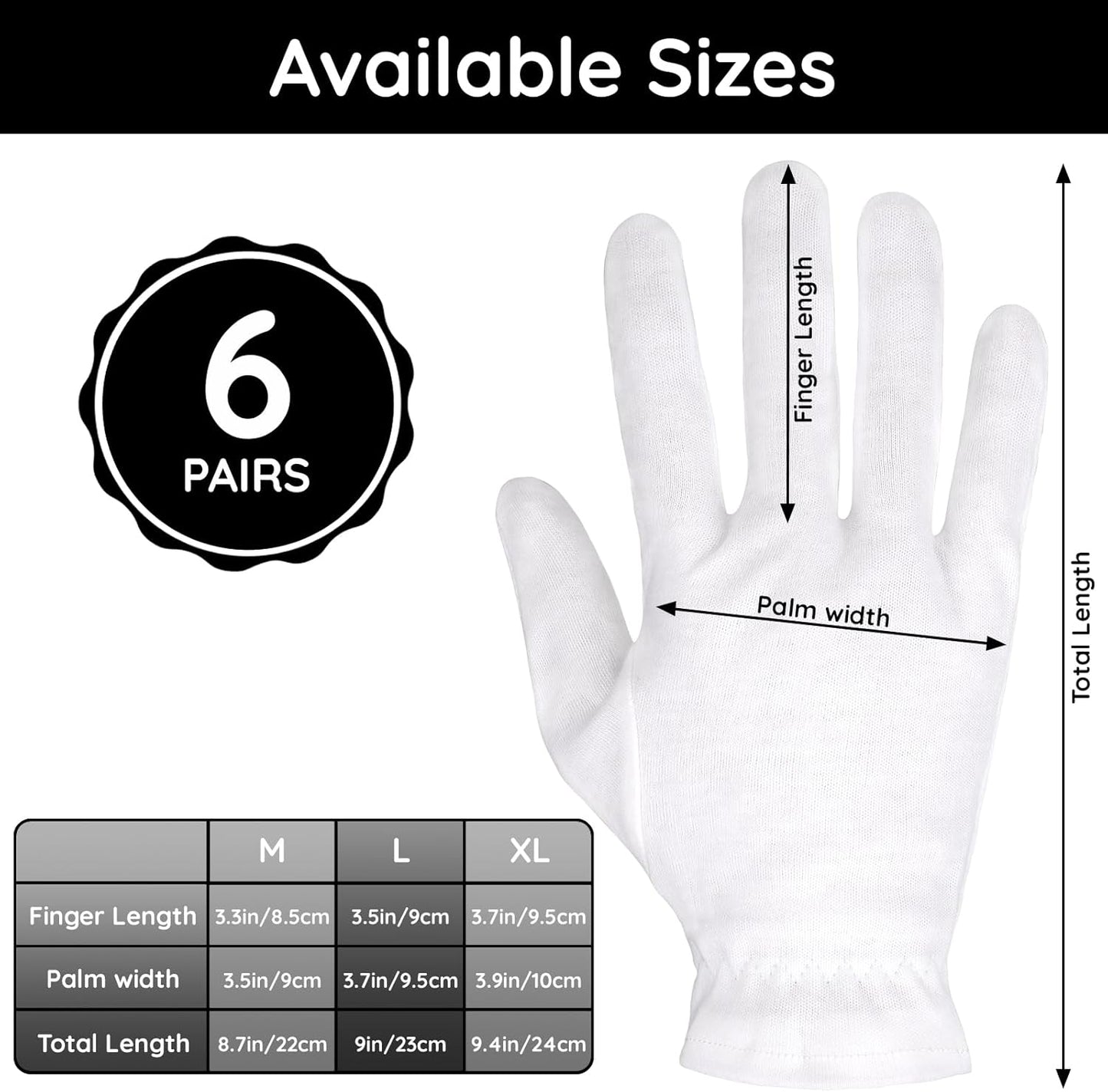 Segbeauty 12 Counts White Sleep Gloves, Hand Moisturizing Gloves with Elastic Band, 6 Pairs Cotton Moisturizing Gloves for Hands, Sleeping Gloves for Hand Overnight, White Cotton Gloves for Men Large