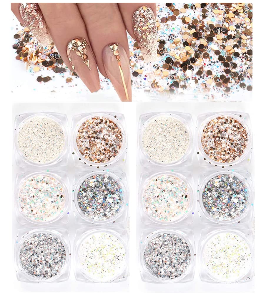 Holographic Nail Art Sequins Glitter Kits 12 Boxes 3D Nails Glitter Metallic Shining Flakes Acrylic Powder Dust Sequins for Nails Decoration Holographic Manicure Tips (Vintage Color-2set)