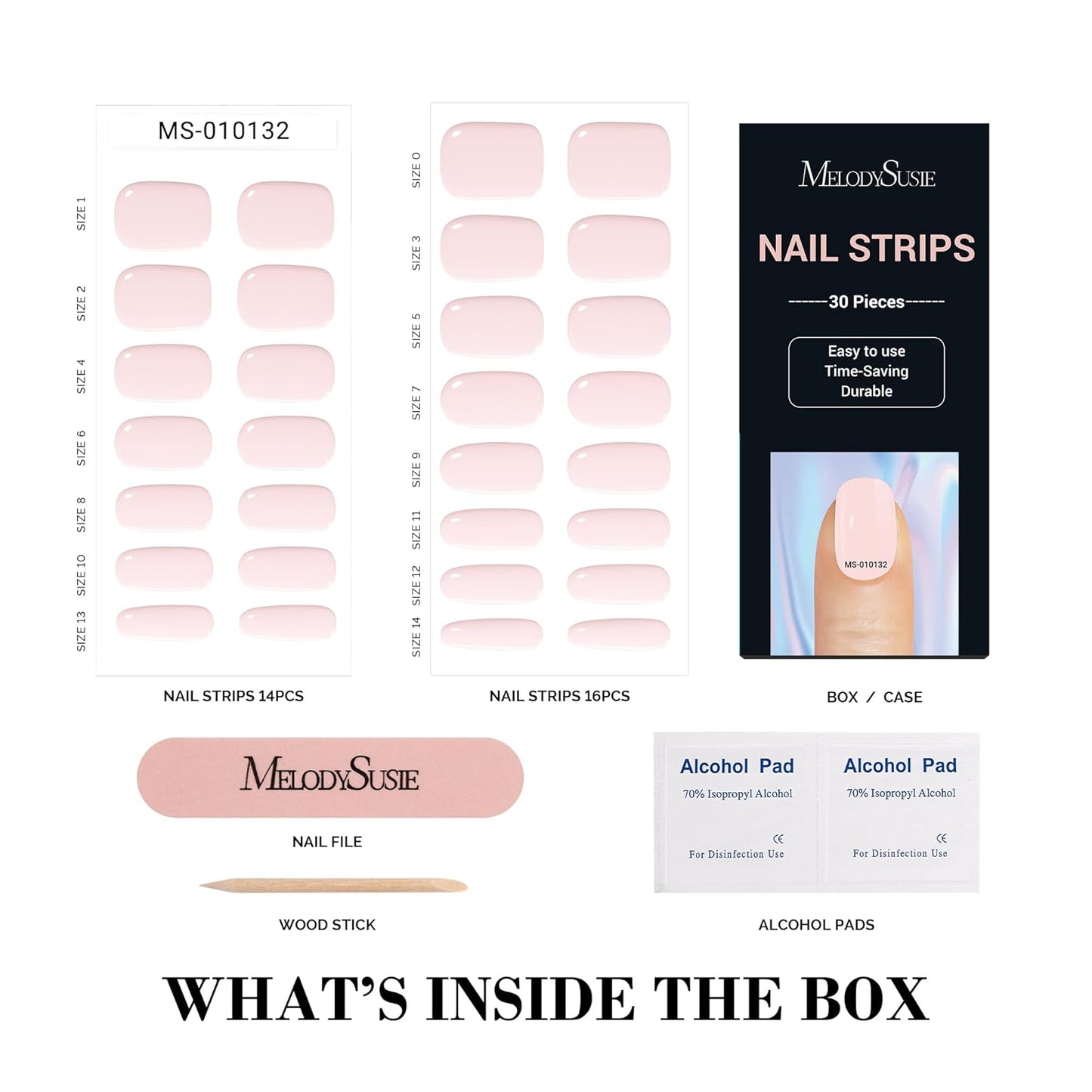 MelodySusie 30PCS Semi Cured Gel Nail Strips, Milky Pink, Salon Quality, Long Lasting, Easy to Apply, Includes 2 Prep Pads, Nail File and Wooden Stick