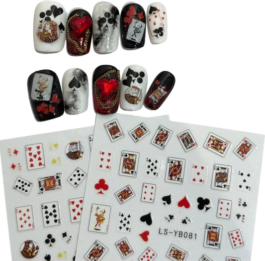 3D Self-Adhesive Nail Stickers - Poker Theme with Hearts & Diamonds, Trendy Fashion Nail Art Designs for Women A Set of 2 Sheets