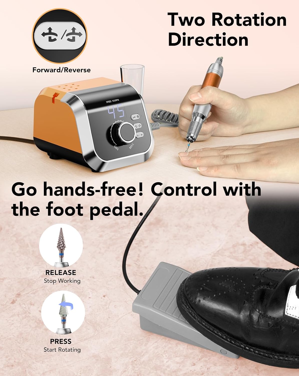 Professional Nail Drill with Foot Pedal, Nail E File 45000 RPM Speed, Electric Nail Filer for Acrylic Nails, F/R Rotation, 65W Power, Quite Nail Drill Machine for Women Orange