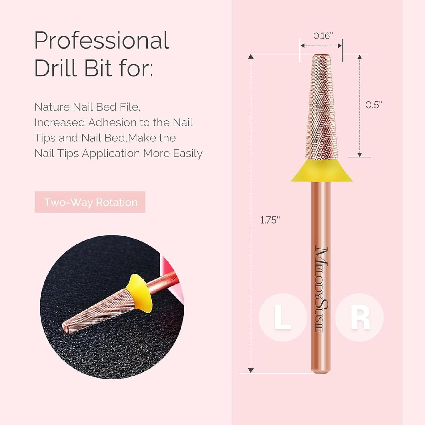 MelodySusie Tapered Barrel Nail Buffer Bit, Professional Safety Carbide Nail Bit for Nature Nail Bed File Cuticle Dead Skin Cleaning Nail Prepare, Two Way Rotate, Manicure Nail Salon Supply, Rose Gold