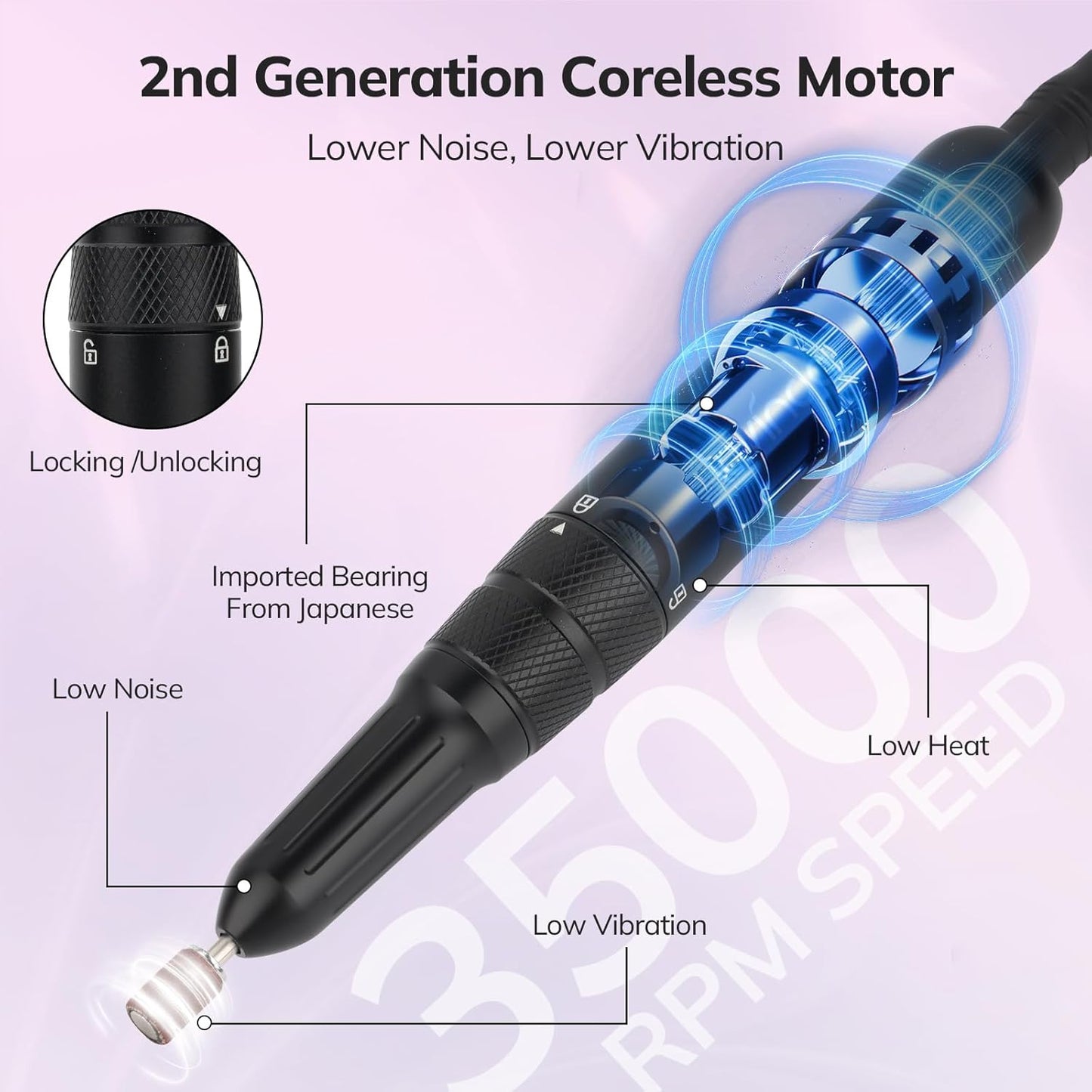 Lavinda 35000RPM Electric Nail Drill, Professional Cordless Nail Drill Machine Portable Rechargeable Nail Efile for Acrylic Gel Nails, Manicure Pedicure Polishing Shape Tools for Salon Home Use-Black