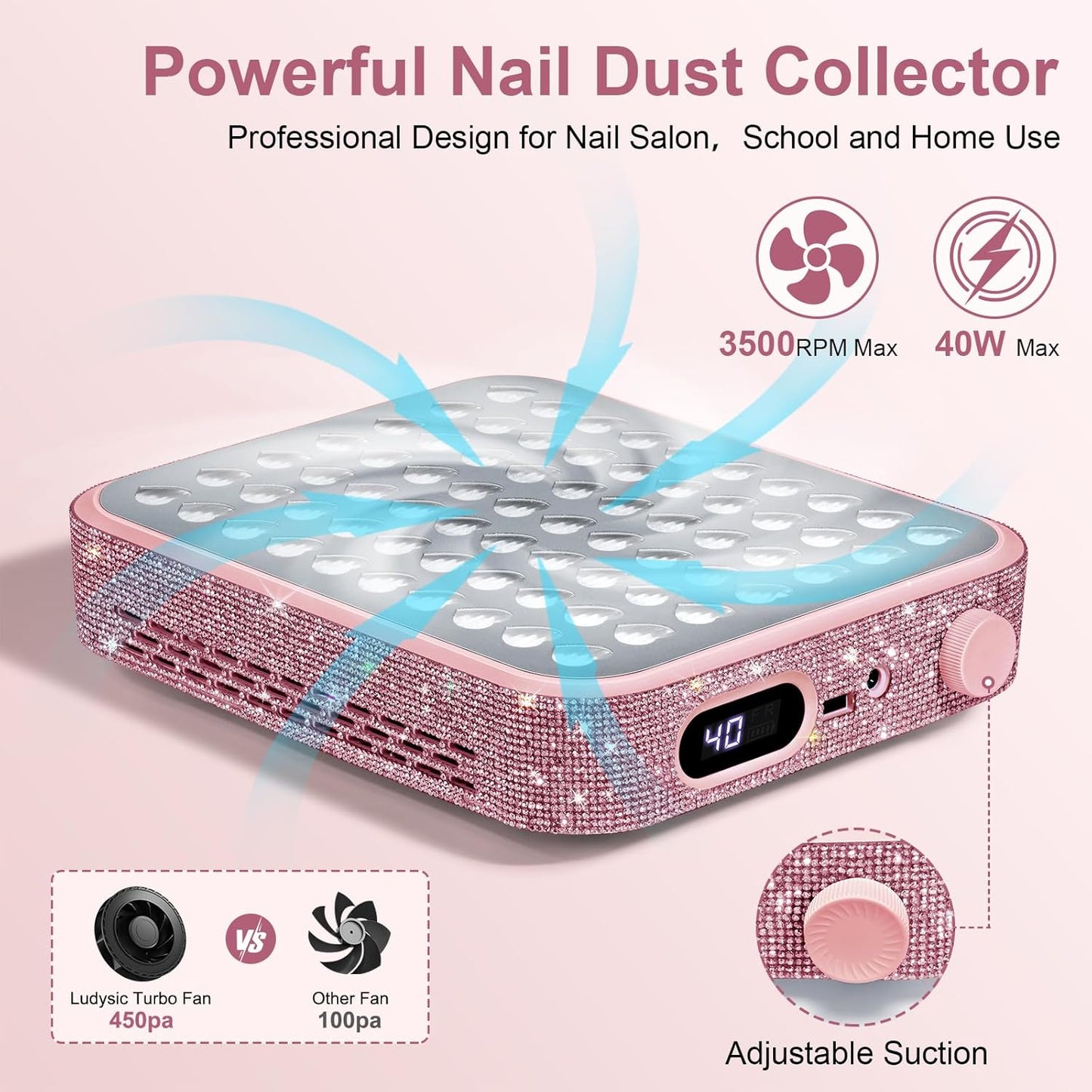 Nail Dust Collector with 2 Reusable Filters,Nail Vacuum Dust Collector Quiet for Nail Tech Art, Powerful Nail Fan and Duster Collector,Nail Vacuum Cleaner for Salon and Home(Pink Diamond)