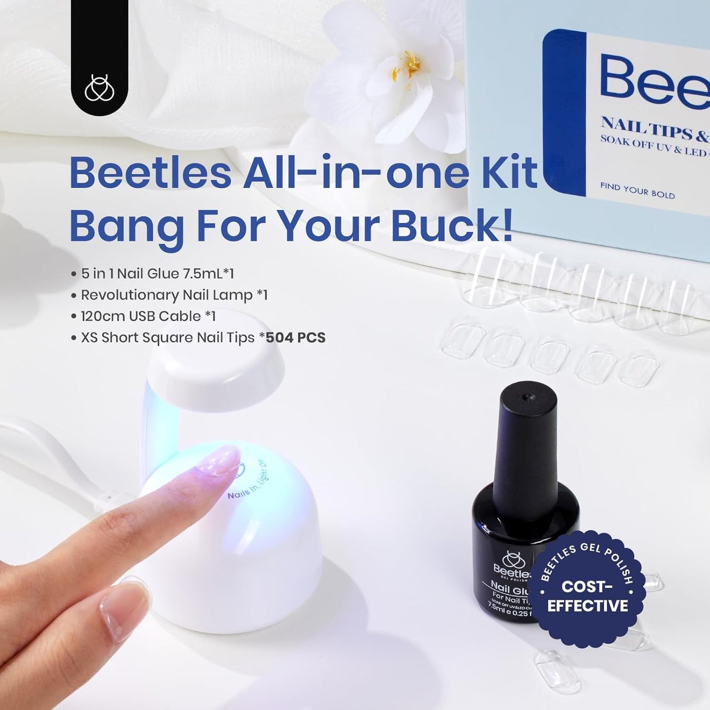 Beetles Gel Nail Tips Kit Square 500Pcs Pre-shaped Extra Short Square Nail Tips with 5 in 1 Mutipurpose Glue Gel Base Uv Led Nail Lamp