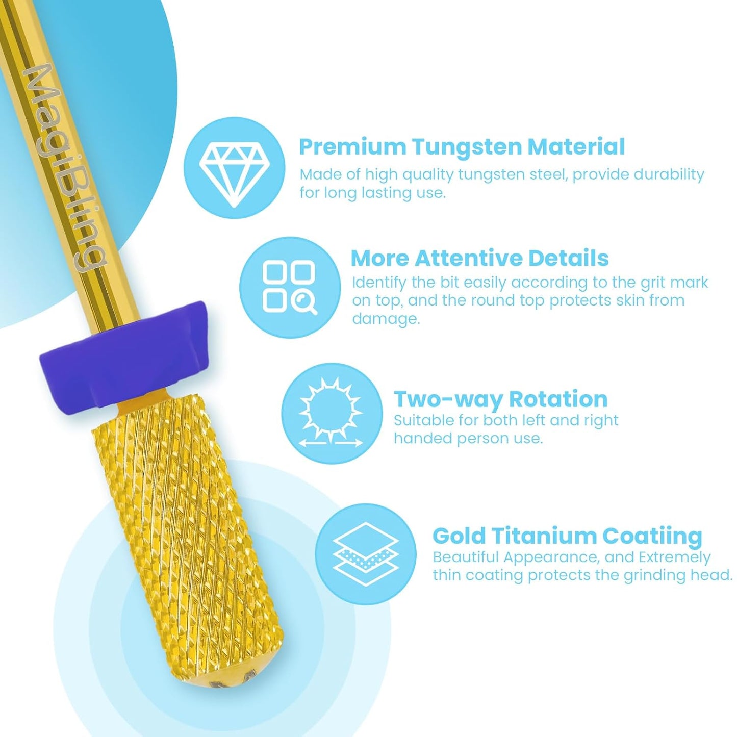 Small Barrel Nail Drill Bits Round Top, 3/32'' Safety Tungsten Carbide Bits, Two-way Rotation, Suitable for Manicure Pedicure Cuticle Gel Polishing, Technicians Bits, Grit: Medium