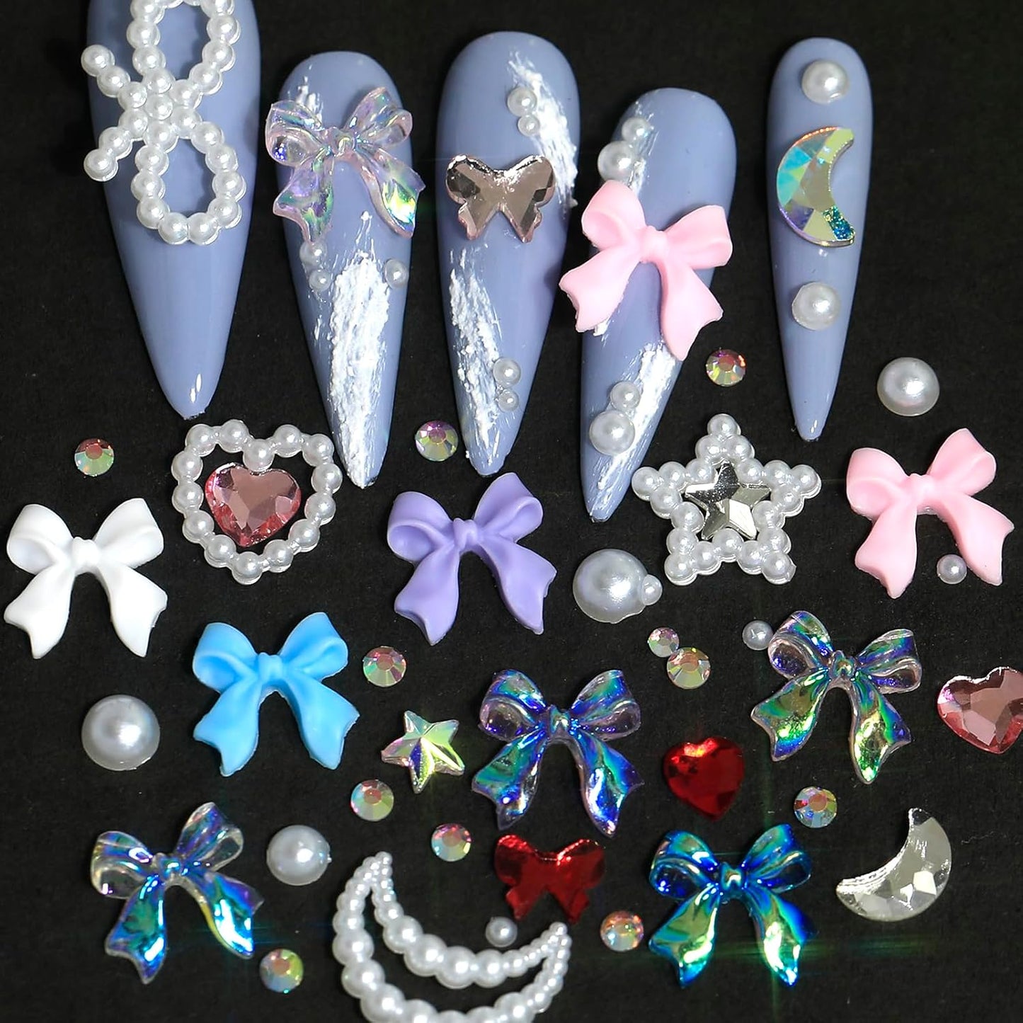 HNUIX - Bows Nail Charms, Multi Shaped, Colored 3D Bows, White Star Heart Moon Cute Nail Gems, Pearls & Rhinestones, Includes Tweezer & Pickup Tool