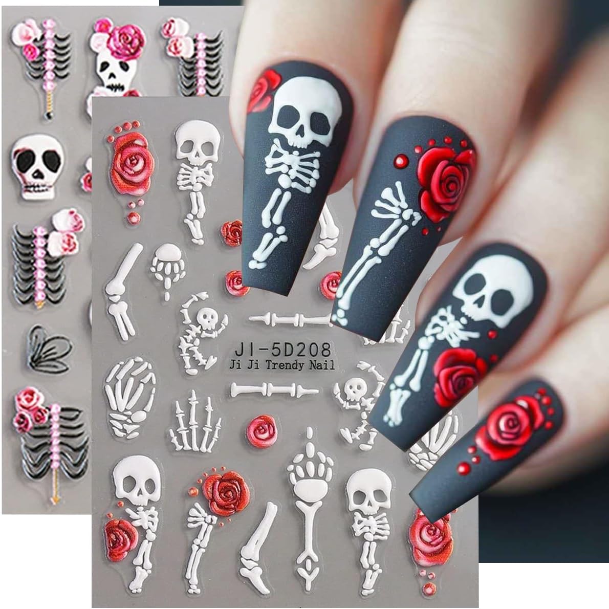 Halloween Nail Art Stickers Decals Rose Skull Skeleton Halloween Nail Design 5D Embossed Nail Decals Nail Art Supplies 2PCS Fantasy Bone Skeleton Holiday Stickers for Women DIY Manicure Decorations