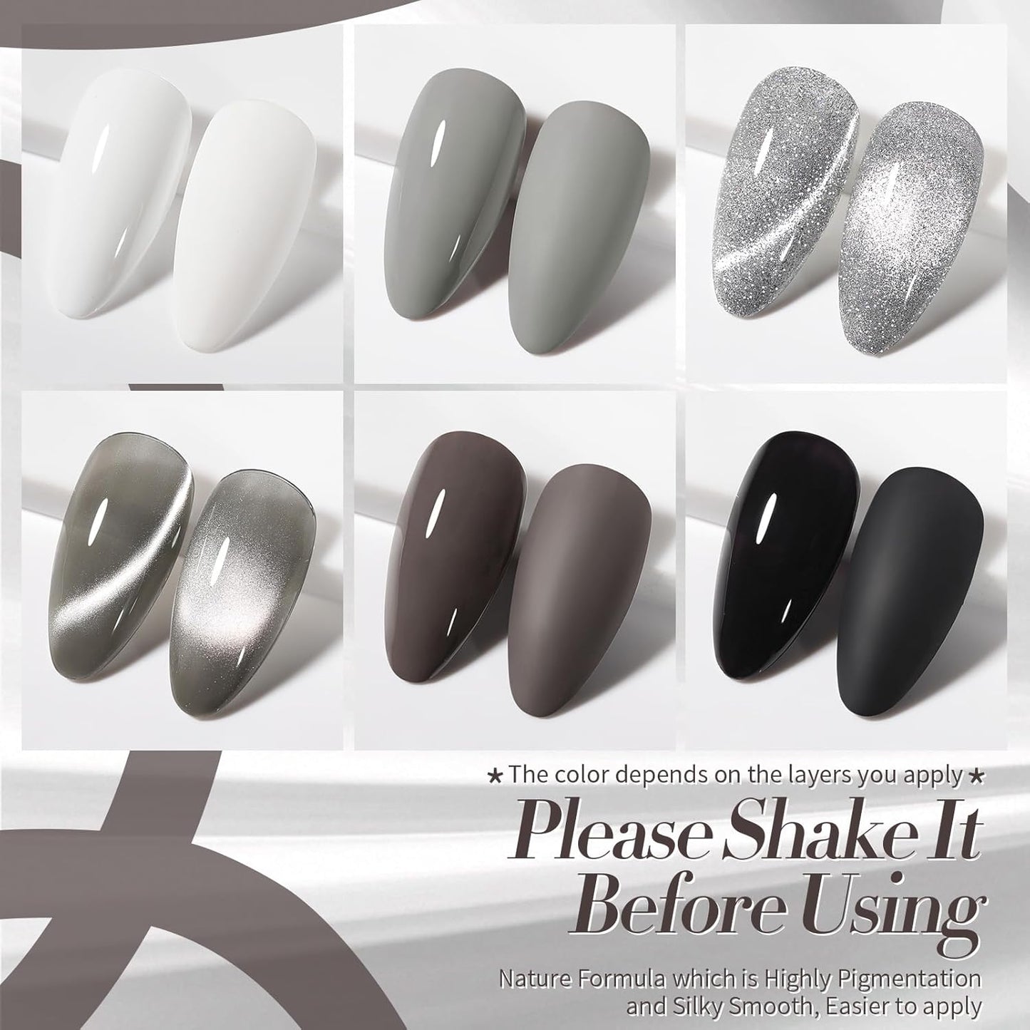 BORN PRETTY Gel Nail Polish 6 Colors - White Gray Black Colors Glitter Cat Magnetic Eye Gel Polish Kit Soak Off Nail Art Manicure DIY Design Collection for Home and Salon