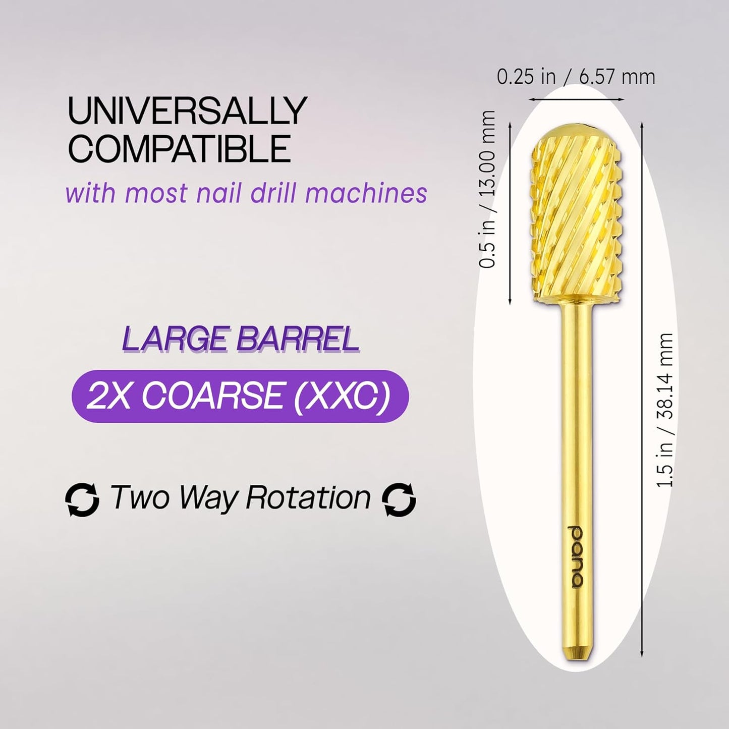 PANA 3/32" Large Smooth Round Top Safety Carbide Nail Drill Bit for Gel Polish & Acrylic Removal Nail Salon Manicure Pedicure Electric File Tools (Large Barrel - Gold, 2X Coarse)