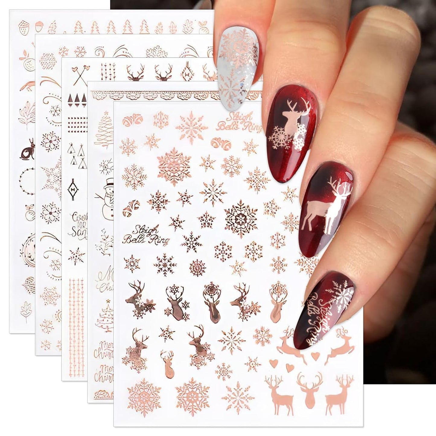 Christmas Nail Stickers, Rose Gold Self-Adhesive Nail Art Decals - 3D Snowflake Elk Design for DIY Manicure Winter Xmas Holiday DIY Nail Decorations (6 Sheets)