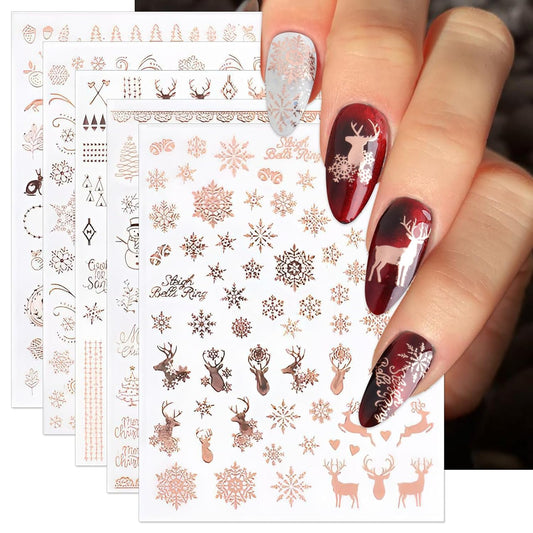 Christmas Nail Stickers, Rose Gold Self-Adhesive Nail Art Decals - 3D Snowflake Elk Design for DIY Manicure Winter Xmas Holiday DIY Nail Decorations (6 Sheets)