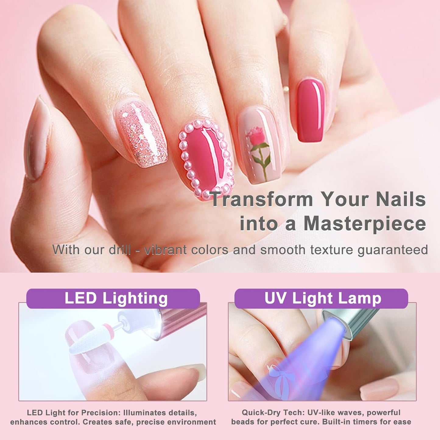 Electric Cordless Nail Drill with UV & LED Lights - 12+ Bits Kit for Gel/Acrylic/Dip Nails, Rechargeable Portable Nail File, 5 Speeds, Salon & Home Use (Gradient)