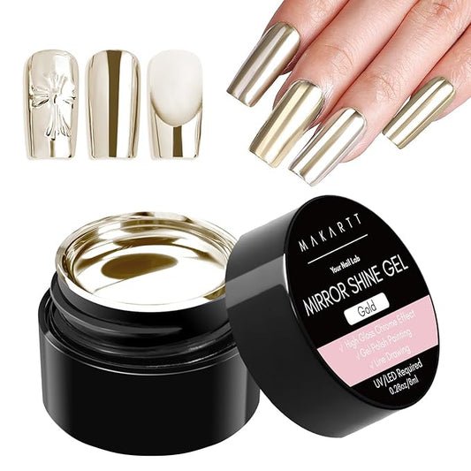 Makartt Chrome Gel Nail Polish: 8ml Metallic Gel Nail Polish, Gold 3D Metal Painting Gel for Nail Art Soak off UV/LED Glossy Mirror Effect Nail Glue Gel for Home Salon DIY Manicure