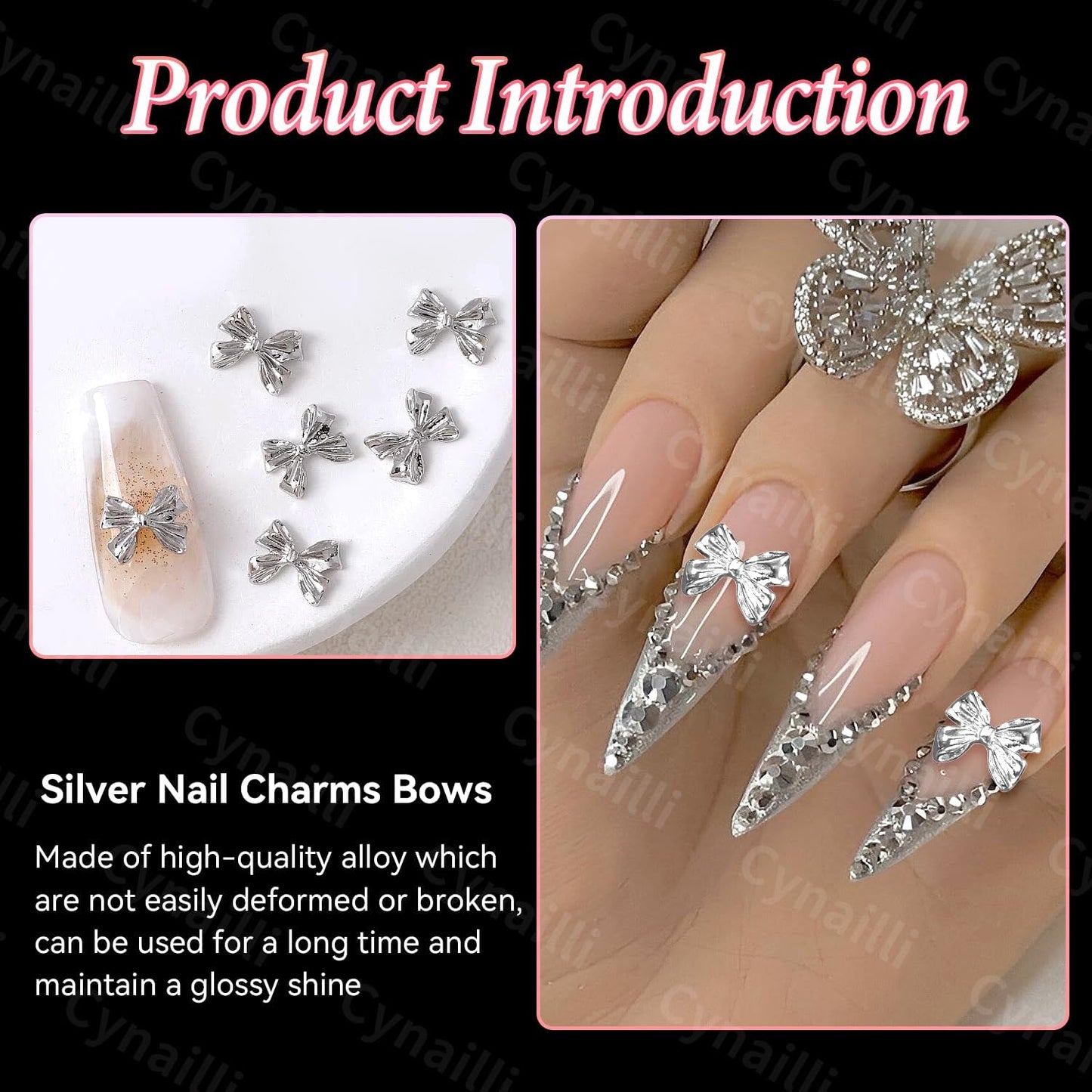 80 Pcs Silver Alloy Bow Nail Charms, 3D Metal Bowknot Nail Jewelry, Nail Art Design DIY Accessories
