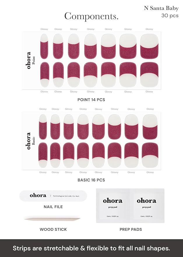 ohora Semi Cured Gel Nail Strips (N Red French) - Red, French, Works with Any UV/LED Lamps, Salon-Quality, Long Lasting, Easy to Apply & Remove - Includes 2 Prep Pads, Nail File & Wooden Stick