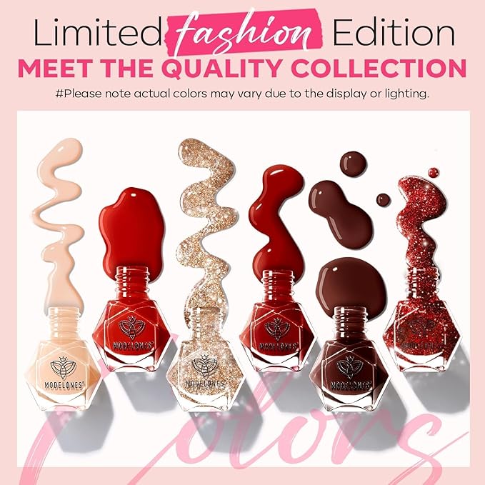 modelones Red Nail Polish Set 6 Colors, Nude Gold Burgundy Glitter Quick Dry Sparkle Mini Manicure Kit DIY Nail Art Salon Home Christmas Gifts for Women Girls