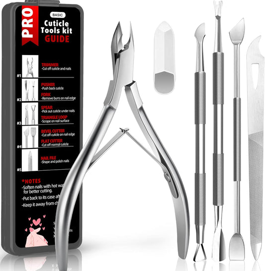 Cbiumpro 5-Pack Cuticle Trimmer Set with Pusher, Cutter, Scraper, Nipper, Clipper, Professional Stainless Steel Cuticle Remover Tools Kit for Fingernails & Toenails - with Case