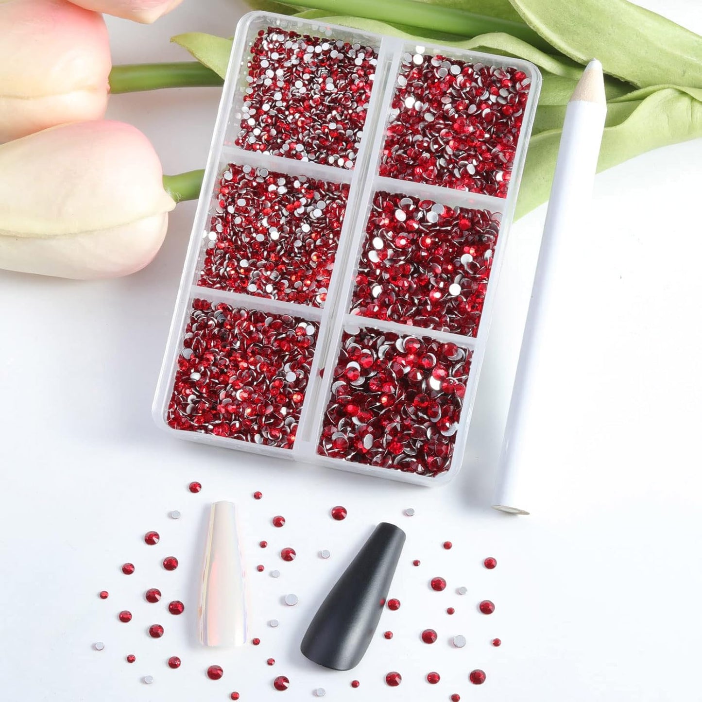 Beadsland 7200pcs Flatback Rhinestones,Red Rhinestone Nail Gems Round Crystal Rhinestones for Crafts,Mixed 6 Sizes with Wax Pencil Kit, SS3-SS10,Siam