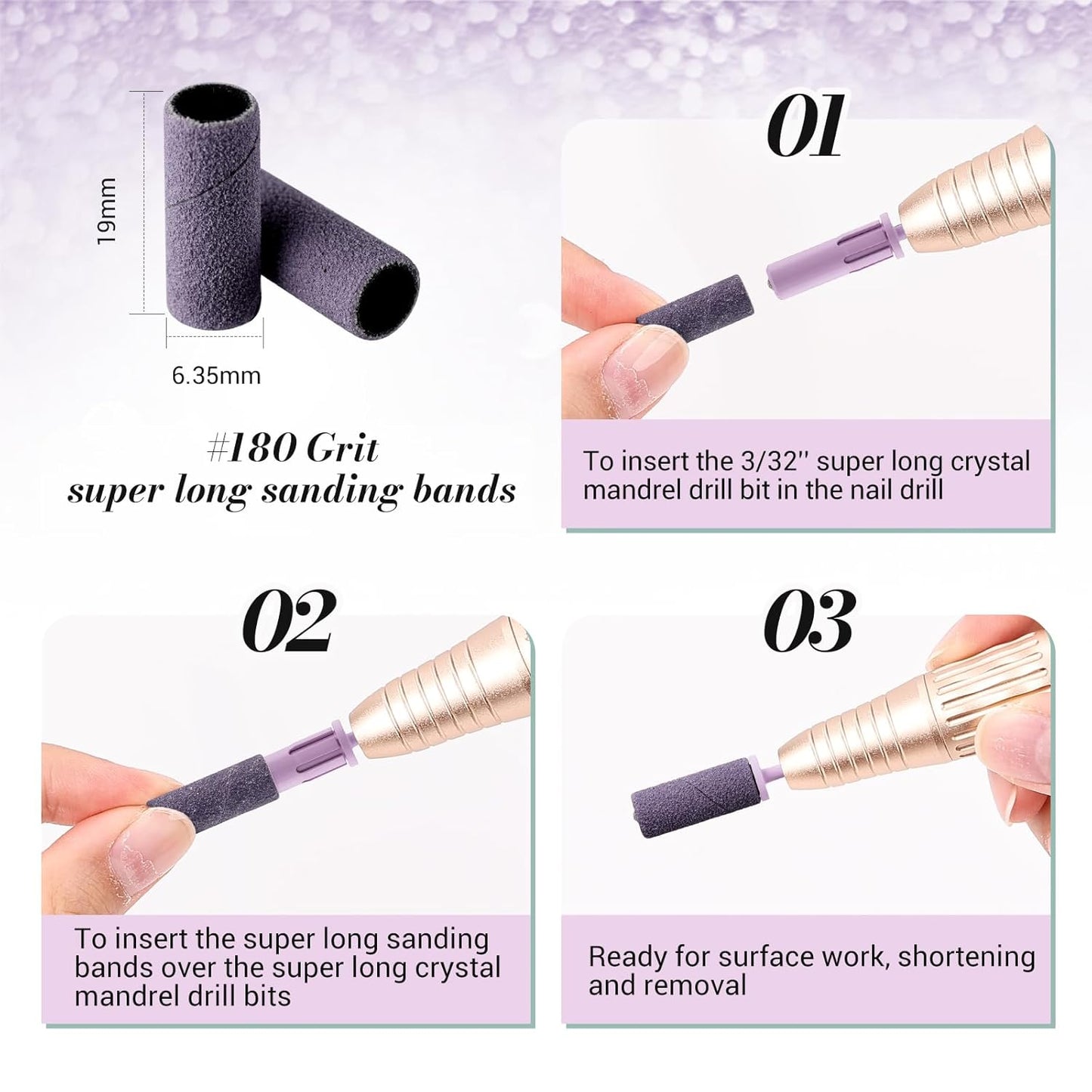 MelodySusie 50 Pcs Nail Drill Bits Super Long Sanding Bands with 6.65mm Crystal Mandrel Bit, 180 Fine Grit Nail File for Acrylic Nails Gel Manicures and Pedicure, Purple