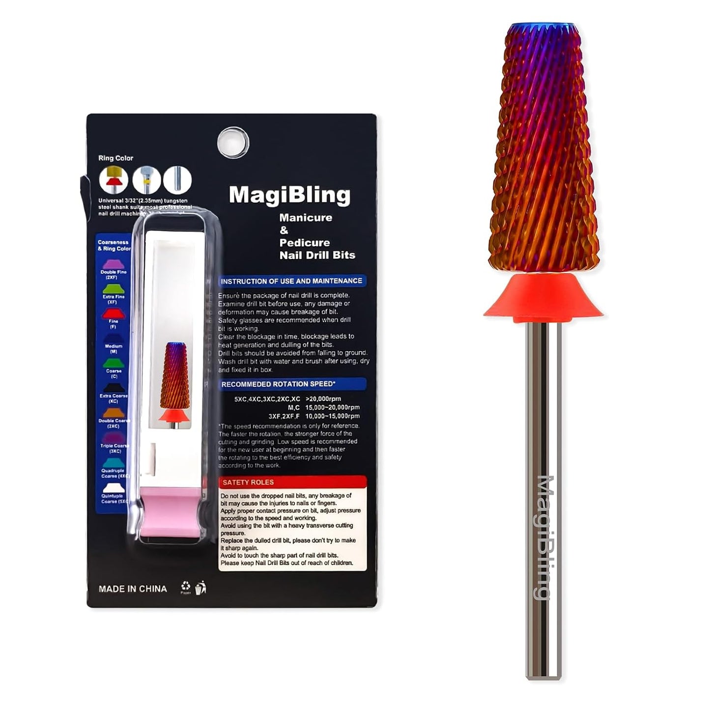 Professional Nail Drill Bits for New Artists, Cross Cut 3/32'' Safety Tungsten Carbide Tapered Bit, Remove Gel Fast, Left & Right Hand Use, Manicure Cuticle Soft Hard Gel Polishing, Fine.