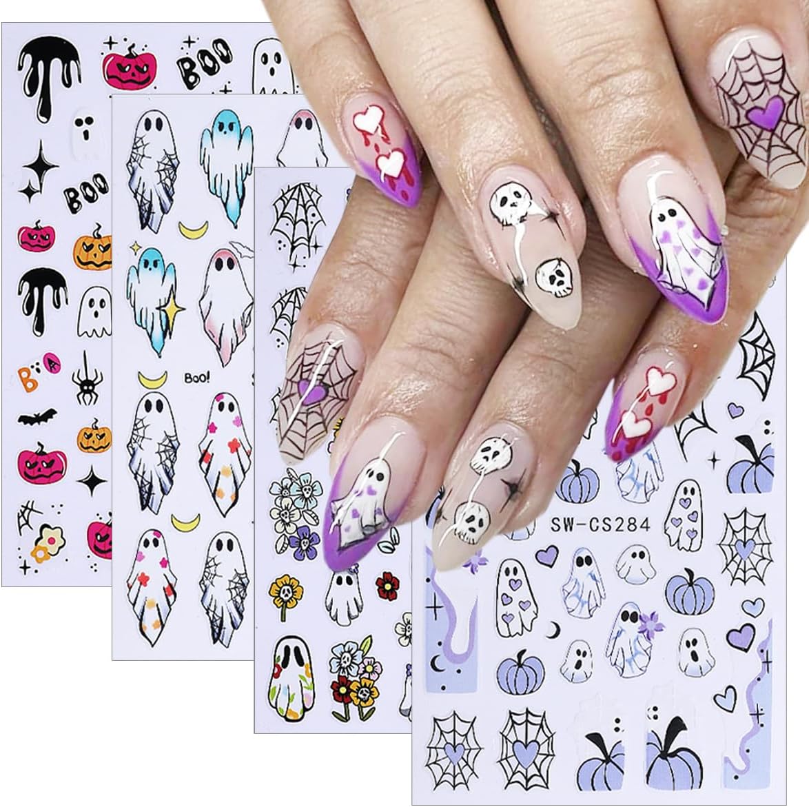 8 Sheets Halloween Nail Art Stickers Decals 3D Self-Adhesive Heart Spider Web Pumpkin Skull Flower Nail Decals Cute Ghost Nails Decorations Gothic Nail Stickers for Women Halloween Manicure Supplies