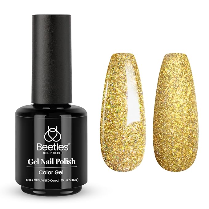 Beetles Gold Gel Polish 15ml Champagne Gold Glitter Flashy Color Gel Nail Polish Uv LED Nail Lamp Nail Art Manicure Salon DIY Home Gifts for Her