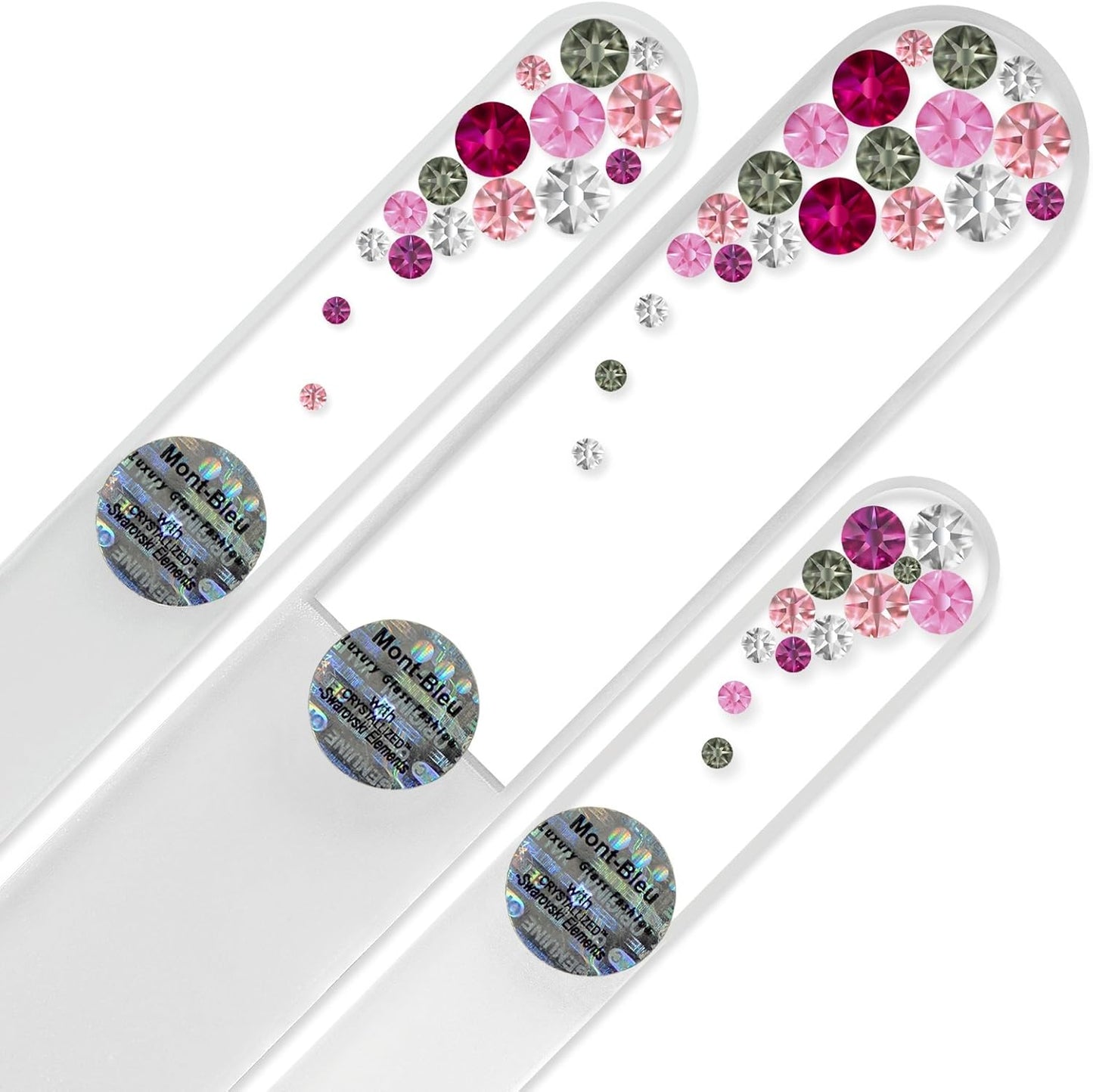 Mont Bleu Set of 3 Glass Nail Files Hand Decorated with Crystals - in Black Velvet Sleeve - Genuine Czech Tempered Glass - Handmade Crystal Nail Files