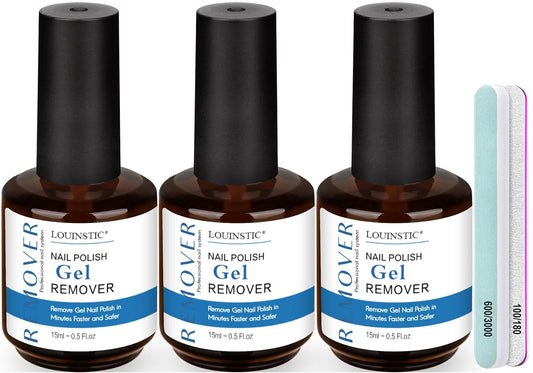 LOUINSTIC Nail Gel Polish Remover – 3 Pcs with Nail File – Non-Irritating, No Damage, Easy to Use at Home(15ml/0.5oz)