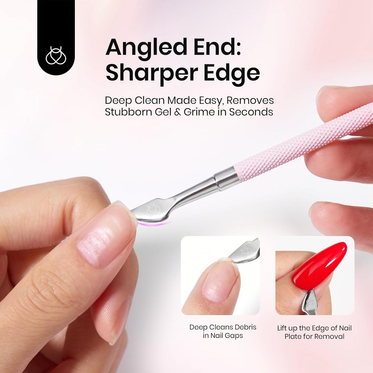 Beetles Gel Nail Remover Tool Dual-end Cuticle Pusher, Triangle End Remove Gel Polish Angled End Clean Crevice Dirt Two in One Tool Dead Skin Nail Scraper Stainless Steel Pink Remover Pusher