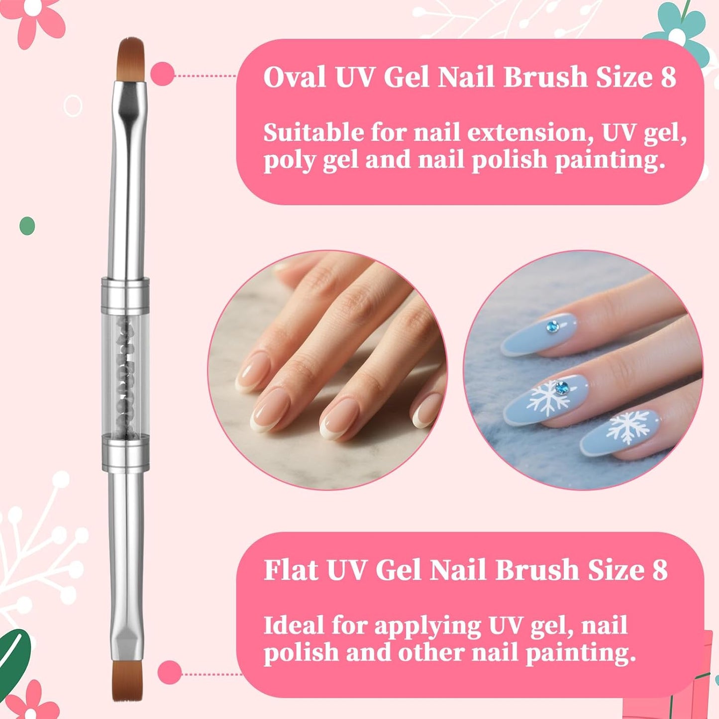 3Pcs Hard Gel Nail Brushes, Dual-Ended French Tip Nail Gels Liner Brush Rhinestone Handle Nails Brush, Builder Gel Liner Brushes for Professional Nails Art French Manicure Design