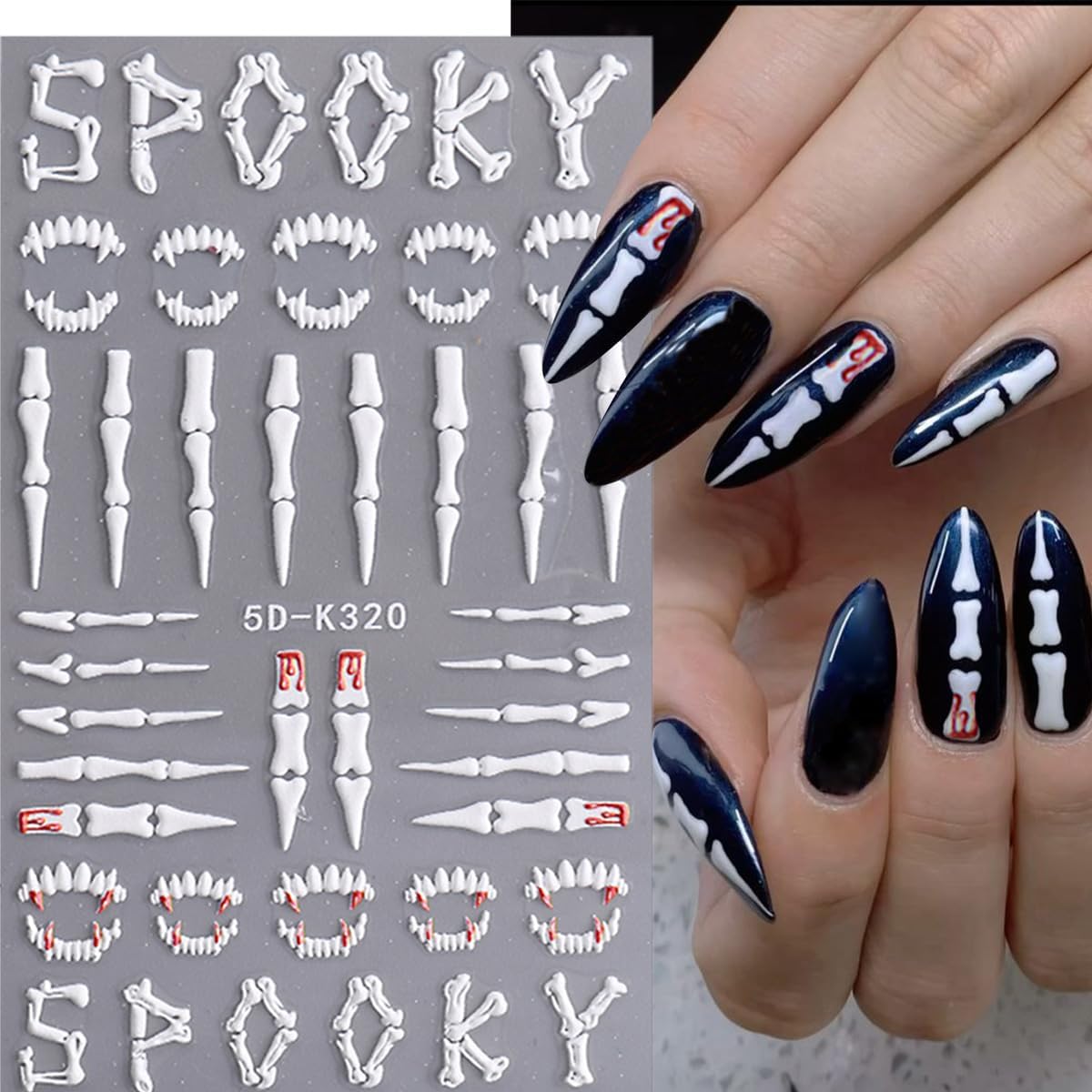 5D Embossed Halloween Nail Stickers for Nail Art Cute Ghost Nail Art Stickers Self-Adhesive Pegatinas Uñas Bear Pumpkin Fall Glitter Designs Spooky Skeleton Nail Decals Supplies for Nail Decoration