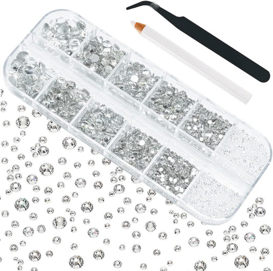 4010Pcs Crystal Clear Rhinestones, Crystal White Nail Rhinestones for Makeup K9 Glass 6 Sizes (1.6-6mm) to SS30 Round Flatback Nail Gems Stones Jewels Non-Hotfix Nail Charms for Nails Eyes Face Crafts