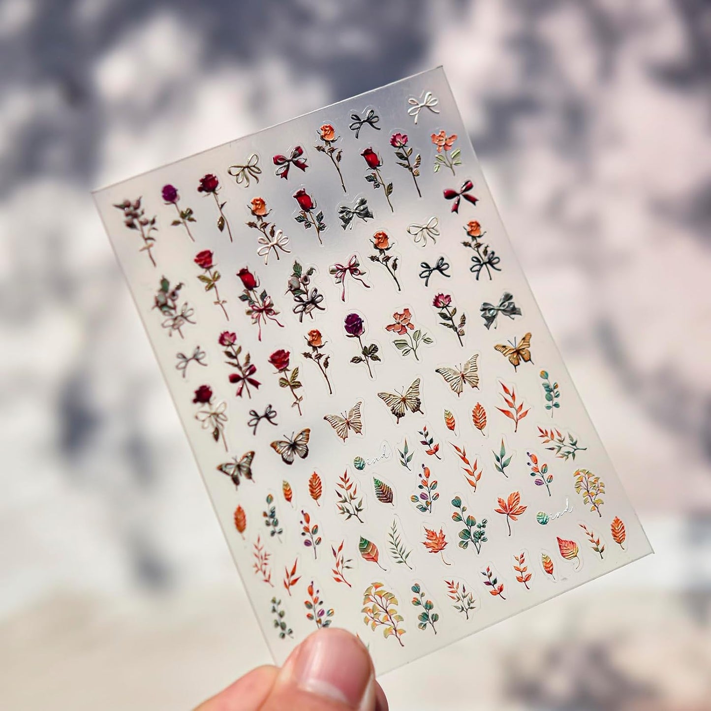 Fall Nail Stickers 5D Embossed Self-Adhesive for Nail Art, 2 Sheets 5 Designs with Vintage Roses, Autumn Maple Leaves, White Hibiscus Flowers, Fall Nail Decals Supplies for Women