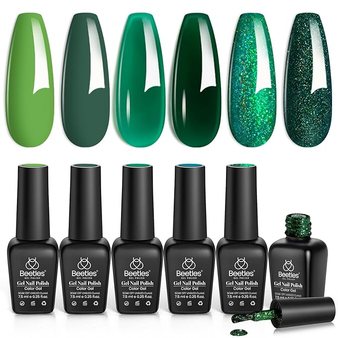 Beetles Christmas Green Gel Polish, 6 Color Glitter Green Lime Olive Emerald Shade, Soak Off UV Nail Lamp Jelly Sparkle Gel Nail Polish Set DIY Manicure Gifts for Women
