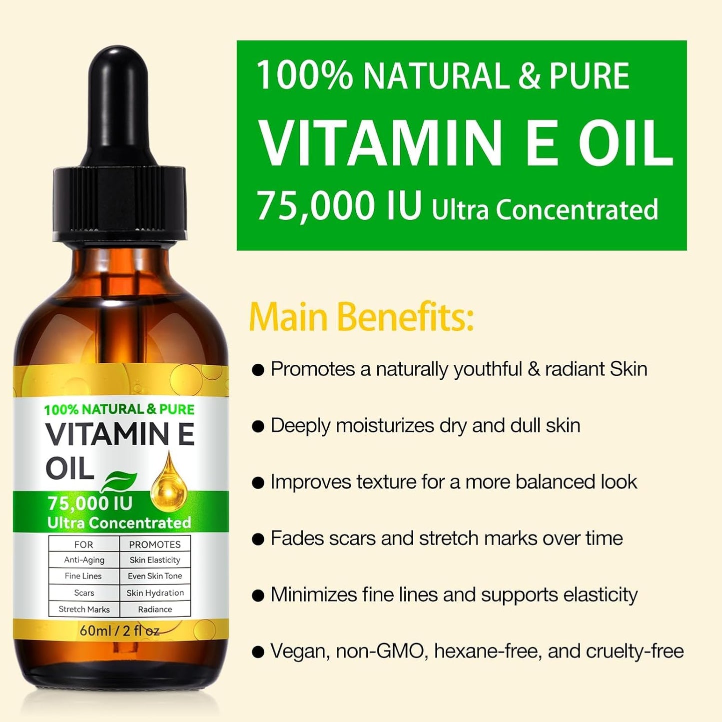 Vitamin E Oil Blend 75,000 IU, Pure Vitamin E Oil for Skin, Scars, Nails and Scalp, Face and Body Moisturizer, Hydrating Dry Skin, Reduce Stretch Marks, Fine Lines & Wrinkles, 2Fl Oz (Pack of 2)