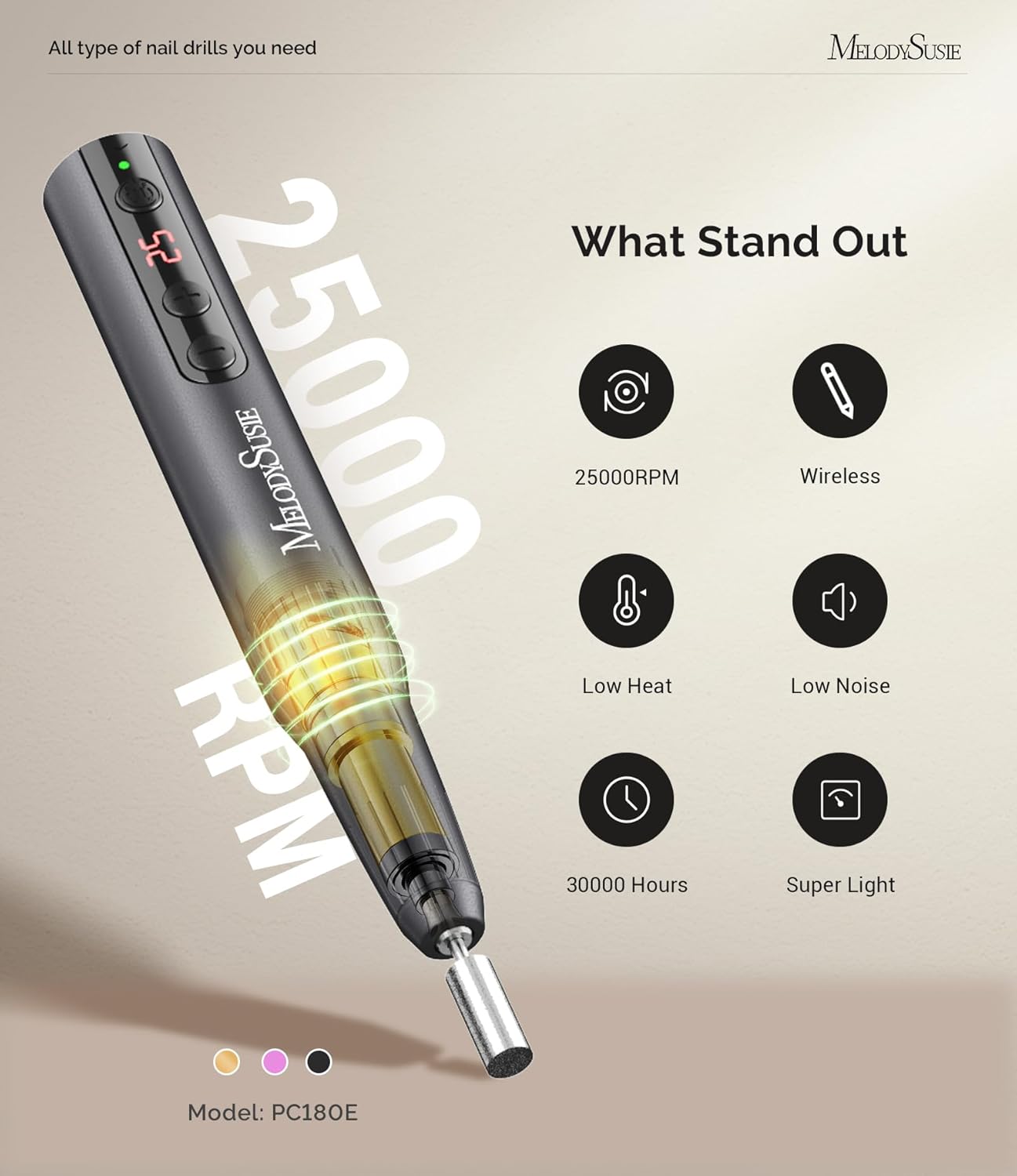 MelodySusie Pen-Shaped Portable Cordless Nail Drill, PC180E 25000RPM Rechargeable Electric File with LED Display for All Nail Care, Manicure Shaping & Acrylic Gel Removal for Nail Artists DIY at Home