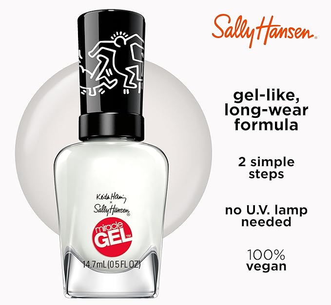 Sally Hansen Miracle Gel Keith Haring Salon Quality Nail Polish | Gel-Like Formula, Two-Step System, No UV Light Needed, Long Lasting | Opaque, Glossy | 918 Blanc Canvas | White Nail Polish