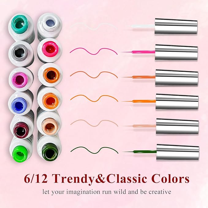 Nail Art Gel Liner Set, 12 Colors White Bown Nude Grey Purple Green Glitter Fall Winter Gel Polish for Swirl French Tip Painting Designs Soak Off Built Thin Brush DIY Nail Design Kit