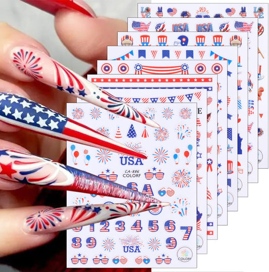 8 Sheets Independence Day Nail Stickers for Nail Art USA 4th of July Nail Decals 3D Self-Adhesive American Flag Patriotic Nail Decoration American Eagle Nail Art Stickers for Women Girls Nail Designs