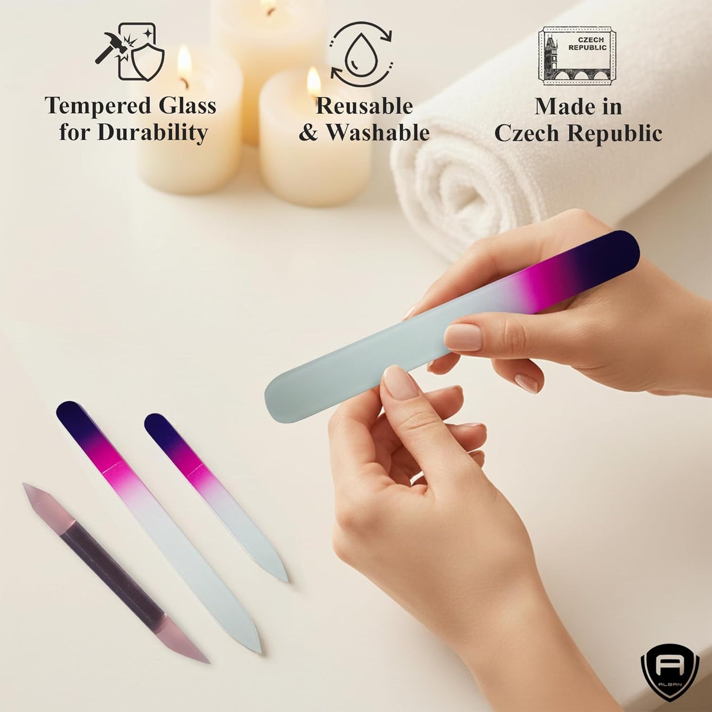 Alban Czech Glass Nail File Parent (Purple & Pink & Pink Manicure, 5, Count, 180/240 Grit)
