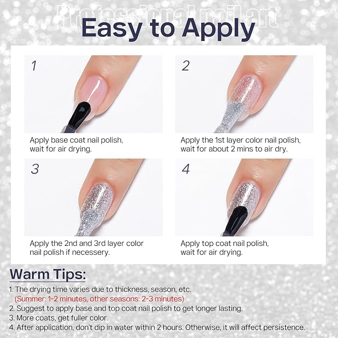 MIZHSE Quick Dry Glitter Silver Nail Polish, Classic Nail Polish Air Dry Fast, 15ml High Glossy Sparkly Shiny Shimmery Nail Art Salon Manicure Home