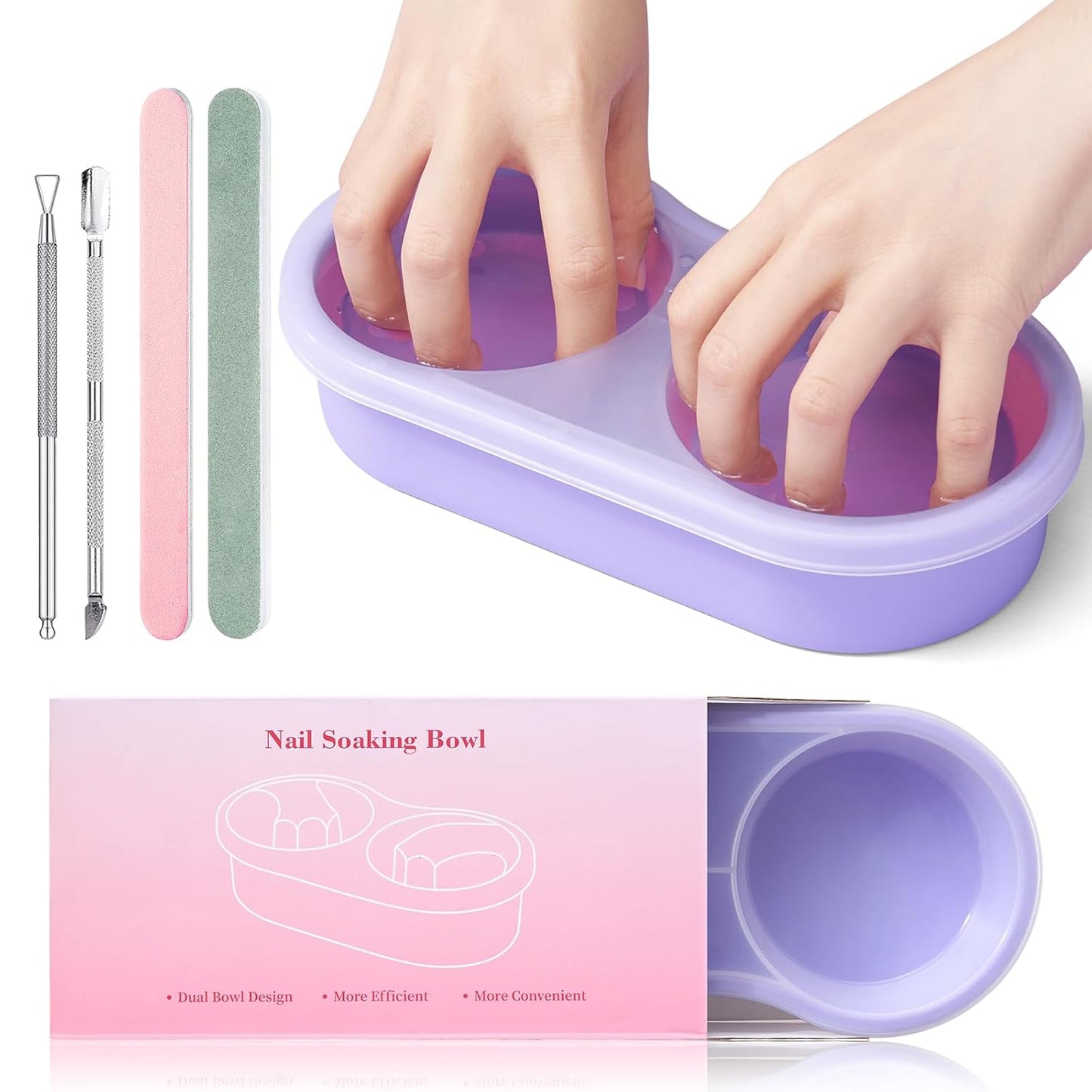 Quaferen Dual Nail Soaking Bowl: 3nd Generation 2-in-1 Manicure Bowl Acetone Proof for Women, Time-Saving Soak Off Gel Nail Polish Dip Powder Acrylic Removal Kit for Salon Home (Normal Size,Purple)