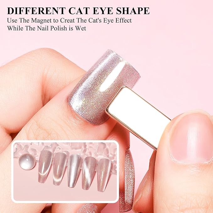 Cat Eye Nail Polish Non Gel Quick Dry, Magnetic Cat Eye Polish Fingernail Gold Glitter Nail Lacquer No UV Required, Crystal Velvet Glass Shine For Nail Art Long Lasting
