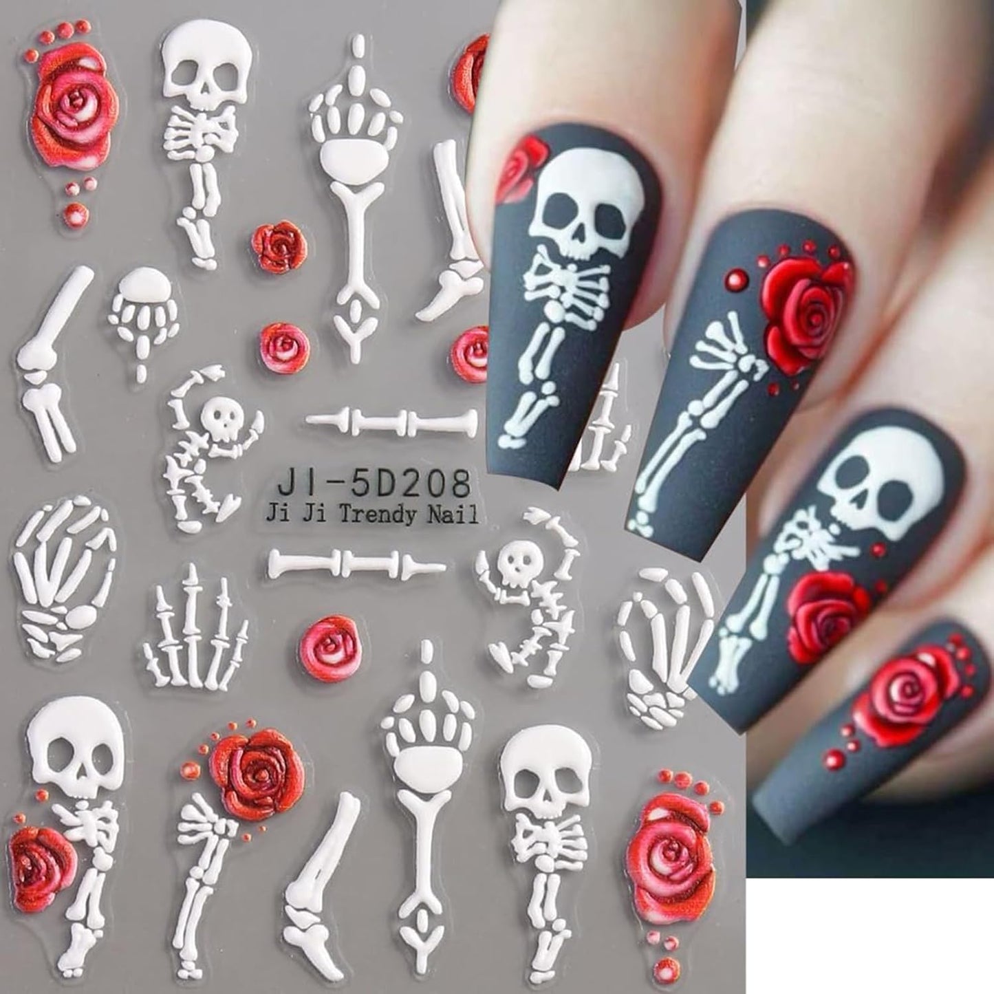 Skull Nail Art Stickers Halloween Pink Red Rose Skeleton Hand Bone Nail Decals 5D Embossed Self-Adhesive Nail Art Supplies White Skull Nail Design Manicure Sliders for Women Nail Decorations 2PCS