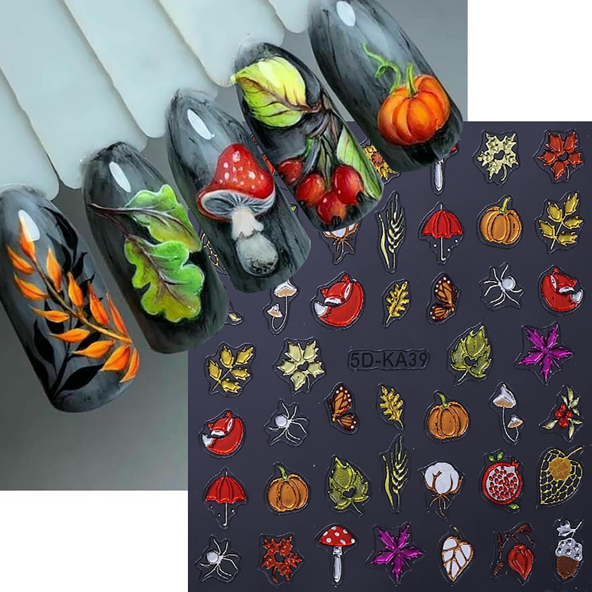 Fall Nail Art Stickers Autumn Maple Leaf Pumpkin pineal Mushroom Design Nail Decals 5D Embossed Self-Adhesive Fall Nails Stickers Thanksgiving Day Nails Art Supplies for Women DIY Manicure Decor