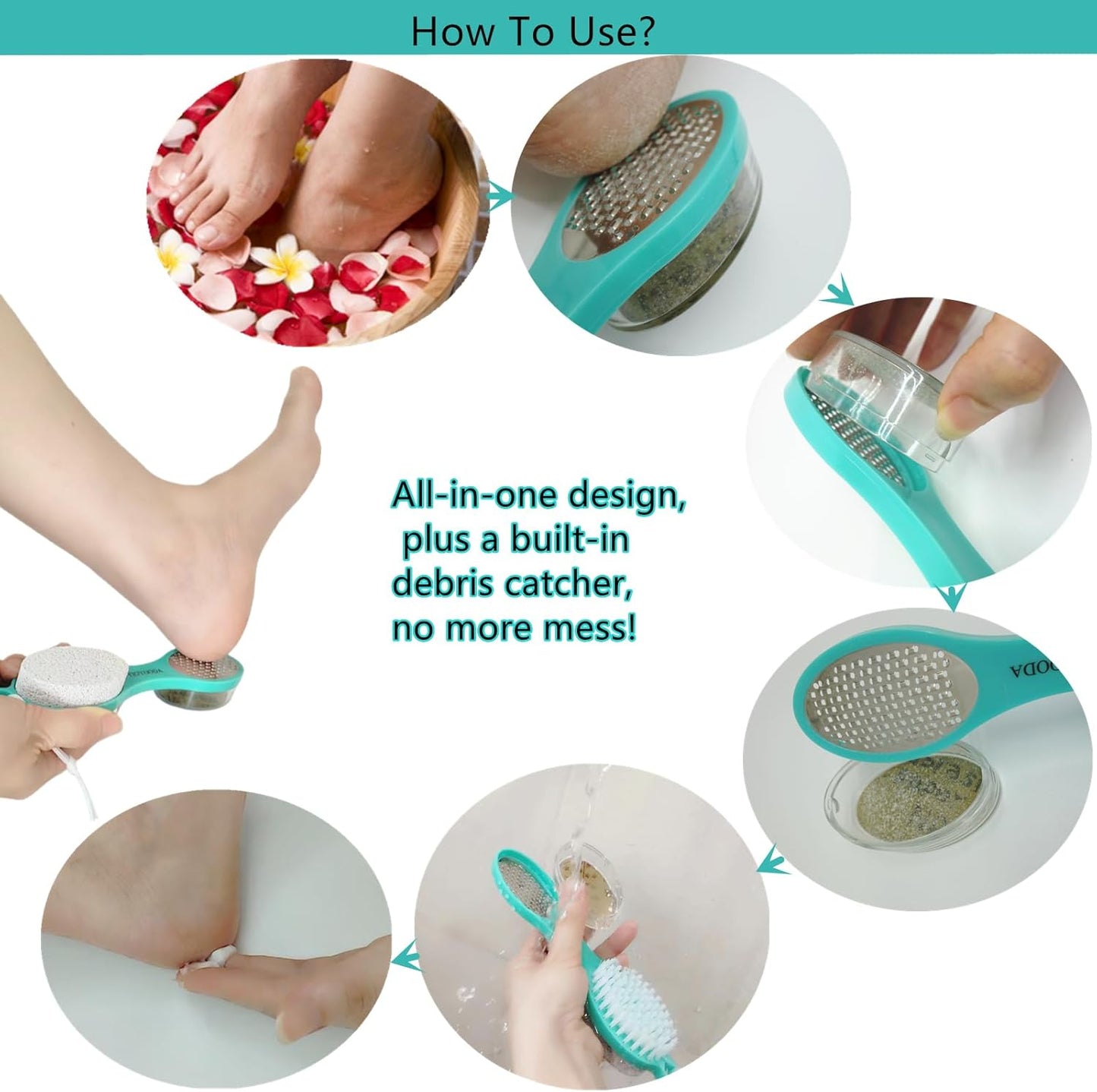 Foot File Callus Remover 5-in-1, 2 Pcs Feet Scraper Pedicure Tools with Pumice Stone, Scrubber Brush, Stainless Steel Foot Rasp and Sand Paper Debris Catcher, Multi Purpose, Cyan