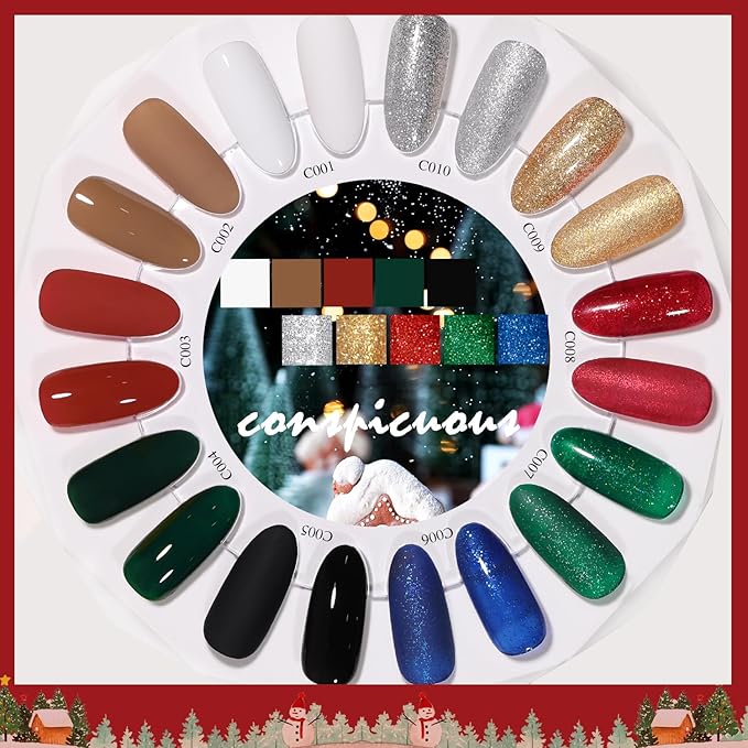 Christmas Day Gel Nail Polish Set - 10 Color Gel Polish Set with Red, White, Green, Gold, Silver Glitter & Sparkle. Soak Off Nail Art Manicure DIY Gifts for Women