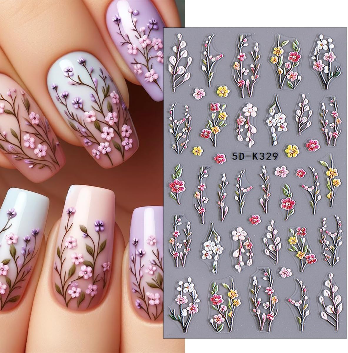 Purple Flower Nail Stickers - 5D Embossed Branch Flowers & Leaves DIY Nail Art Decals - Autumn Colorful Floral Designs for Women & Girls